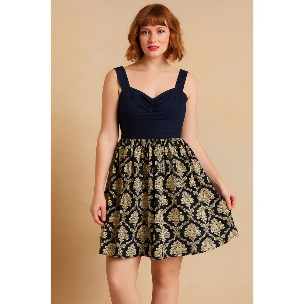 ModCloth Black Gold Fit Flare Floral Retro Sleeveless Dress  Women's Size Medium